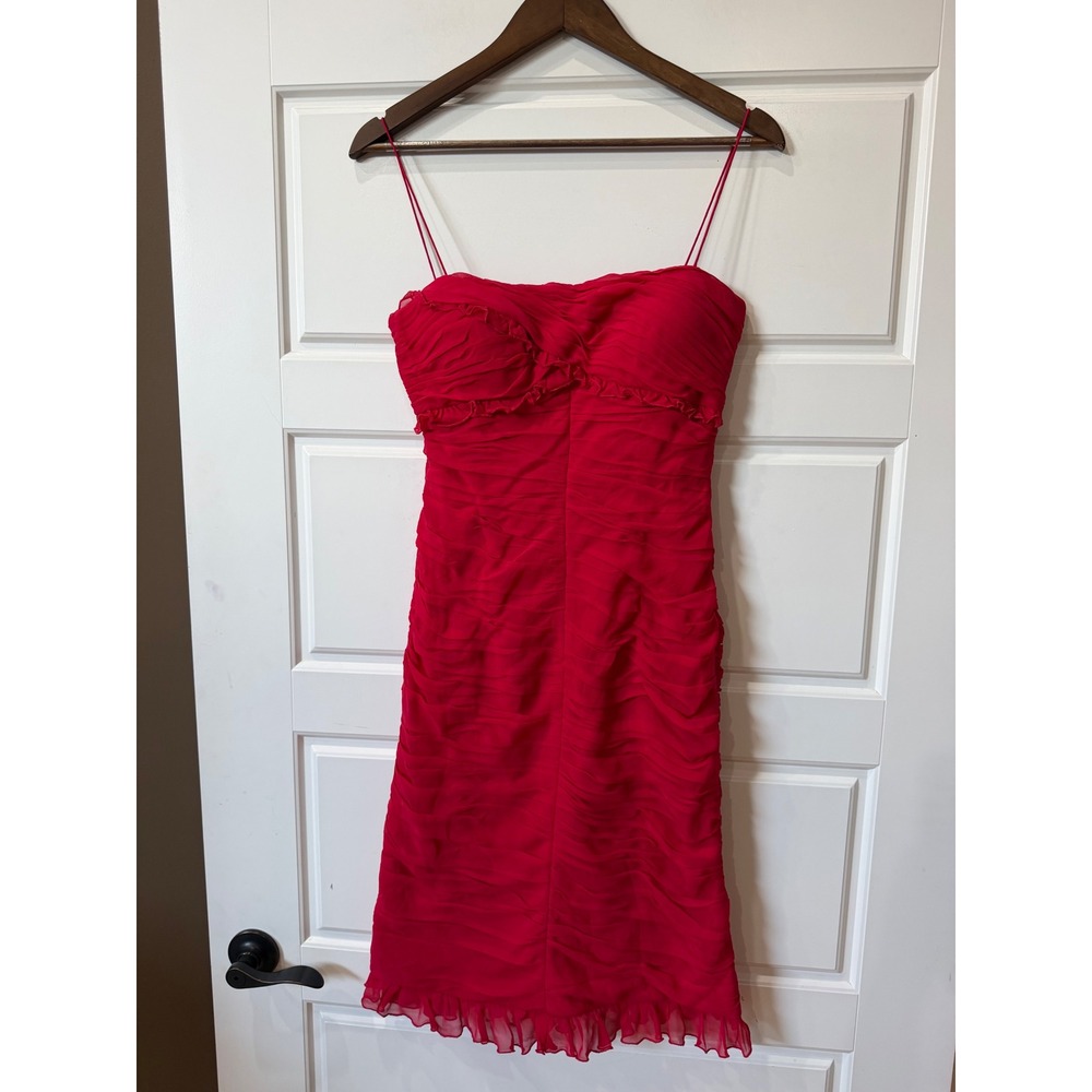 Cache Red Silk Ruched Midi Dress Size 8 Y2K Cocktail Party Coquette Fairy